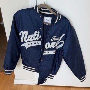 TNA Navy Blue Varsity-Style Bomber Jacket with White Script